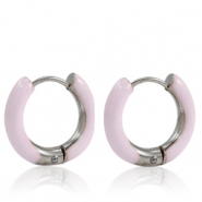 Boucles d'oreilles en acier Inox cr&eacute;oles &eacute;maill&eacute;e 16mm Rose doux clair-argent&eacute;