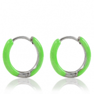 Boucles d'oreilles en acier Inox cr&eacute;oles &eacute;maill&eacute;e 14mm Vert vif-argent&eacute;