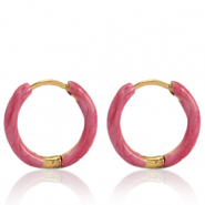 Boucles d'oreilles en acier Inox cr&eacute;oles &eacute;maill&eacute;e 14mm Rose punch-dor&eacute;