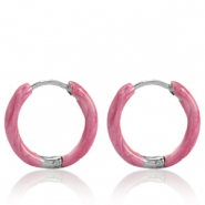Boucles d'oreilles en acier Inox cr&eacute;oles &eacute;maill&eacute;e 14mm Rose punch-argent&eacute;