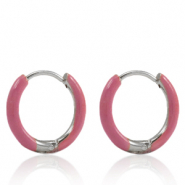 Boucles d'oreilles en acier Inox cr&eacute;oles &eacute;maill&eacute;e 14mm Rose thulian-argent&eacute;