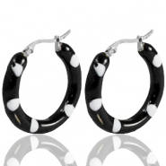 Boucles d'oreilles en acier Inox cr&eacute;oles &eacute;maill&eacute;e 40mm Noir blanc-argent&eacute;