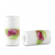 Perles en céramique tube Blanc-vert