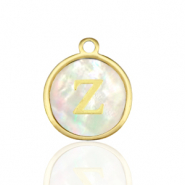 Breloques en acier Inox nacre rond 12mm lettre Z Blanc (couleur naturelle)-dor&eacute;