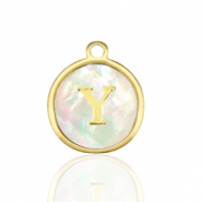 Breloques en acier Inox nacre rond 12mm lettre Y Blanc (couleur naturelle)-dor&eacute;