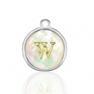 Breloques en acier Inox nacre rond 12mm lettre W Blanc (couleur naturelle)-argent&eacute;