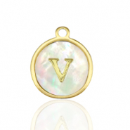 Breloques en acier Inox nacre rond 12mm lettre V Blanc (couleur naturelle)-dor&eacute;