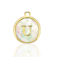 Breloques en acier Inox nacre rond 12mm lettre U Blanc (couleur naturelle)-dor&eacute;