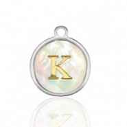 Breloques en acier Inox nacre rond 12mm lettre K Blanc (couleur naturelle)-argent&eacute;