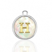 Breloques en acier Inox nacre rond 12mm lettre H Blanc (couleur naturelle)-argent&eacute;