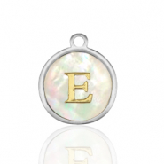 Breloques en acier Inox nacre rond 12mm lettre E Blanc (couleur naturelle)-argent&eacute;