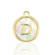 Breloques en acier Inox nacre rond 12mm lettre D Blanc (couleur naturelle)-dor&eacute;