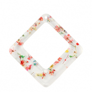 Pendentifs en r&eacute;sine avec fleurs s&eacute;ch&eacute;es losange Dor&eacute;-multicolore