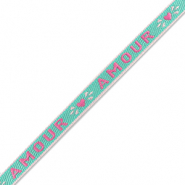 Ruban texte "amour" Bleu turquoise fonc&eacute;-rose fuchsia