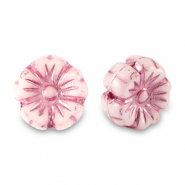 Perles tch&egrave;ques fleur 9mm Rose magenta m&eacute;tallis&eacute;-blanc