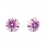 Perles tch&egrave;ques fleur 7mm Violet imp&eacute;rial-blanc