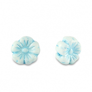 Perles tch&egrave;ques fleur 7mm Bleu clair m&eacute;tallis&eacute;-blanc