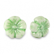 Perles tch&egrave;ques fleur 9mm Vert p&acirc;le m&eacute;tallis&eacute;-blanc