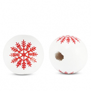 Perles en bois rond 16mm flocon de neige Blanc-rouge