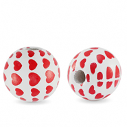 Perles en bois rond 16mm coeur Blanc-rouge