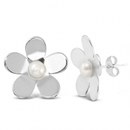 Boucles d'oreilles / puces en acier Inox perles fleur Argent&eacute;