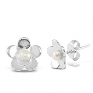 Boucles d'oreilles / puces en acier Inox perles fleur Argent&eacute;