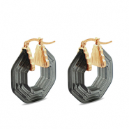 Boucles d'oreilles r&eacute;sine tendance hexagone Dor&eacute;-transparent noir