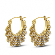 Boucles d'oreilles / puces en acier Inox &eacute;ventail avec imitations perles Dor&eacute;