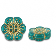 Perles acryliques fleur Bleu turquoise-dor&eacute;
