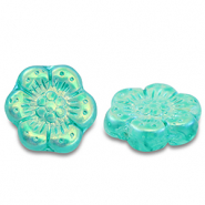 Perles tch&egrave;ques boho flower 14mm Transparent turquoise vert-AB coating