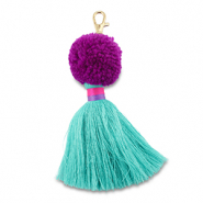 Porte-cl&eacute;s pompom avec glands Violet-turquoise-fuchsia
