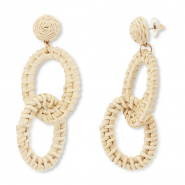 Boucles d'oreilles en raphia accroche-regard ovale Beige-dor&eacute;