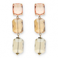 Boucles d&rsquo;oreilles / puces d&rsquo;oreilles en verre de cristal rectangle Rose-orange ambre-beige sable