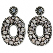 Boucles d'oreilles tendance avec perles en verre ovale Noir-argent&eacute;-bleu clair