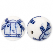 Perles en c&eacute;ramique 15&nbsp;mm avec moulin Blanc cass&eacute;-bleu de Delft