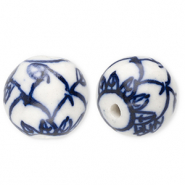 Perles en c&eacute;ramique 15&nbsp;mm avec feuille Blanc cass&eacute;-bleu de Delft