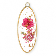 Pendentifs avec fleurs s&eacute;ch&eacute;es oblong ovale Dor&eacute;-rose cerise
