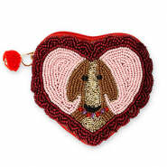 Porte monnaie c&oelig;ur avec chien Dor&eacute;-rouge doublure argent&eacute;-rose clair-marron