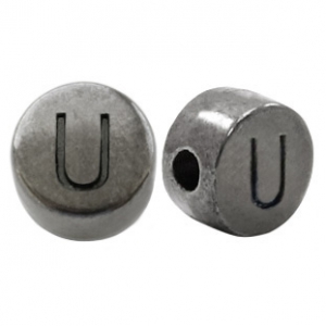 Perles alphabet en m&eacute;tal DQ lettre U argent&eacute; anthracite (sans nickel)