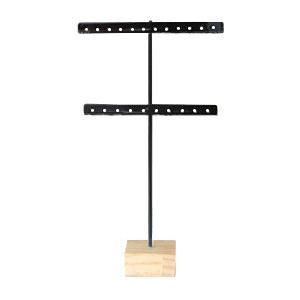 Pr&eacute;sentoir bijoux en forme de T pour boucles d'oreilles avec pied en bois noir-bois