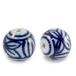 Perles en c&eacute;ramique 11mm Blanc-bleu de Delft