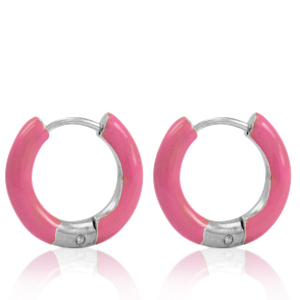 Boucles d'oreilles en acier Inox cr&eacute;oles &eacute;maill&eacute;e 16mm Rose thulian-argent&eacute;