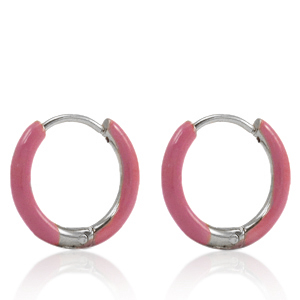 Boucles d'oreilles en acier Inox cr&eacute;oles &eacute;maill&eacute;e 14mm Rose thulian-argent&eacute;