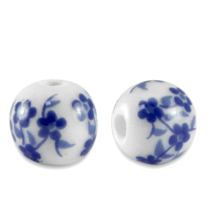 Perles en c&eacute;ramique 6mm Blanc-bleu de Delft