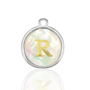 Breloques en acier Inox nacre rond 12mm lettre R Blanc (couleur naturelle)-argent&eacute;