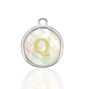 Breloques en acier Inox nacre rond 12mm lettre Q Blanc (couleur naturelle)-argent&eacute;