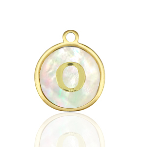 Breloques en acier Inox nacre rond 12mm lettre O Blanc (couleur naturelle)-dor&eacute;