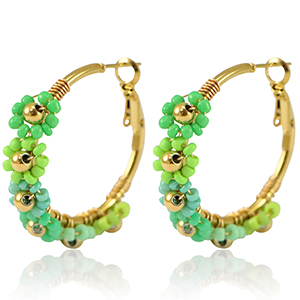 Boucles d'oreilles en acier Inox cr&eacute;oles fleur 35mm Dor&eacute;-vert