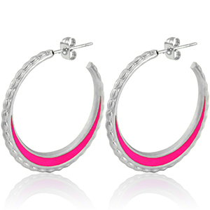 Boucles d'oreilles en acier Inox cr&eacute;oles 30mm Argent&eacute;-magenta
