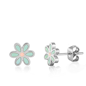 Boucles d'oreilles en acier Inox fleur Turquoise-argent&eacute;